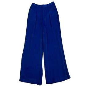 Zara royal cobalt blue satin effect flowy front pleat pants belt loops Sz XS